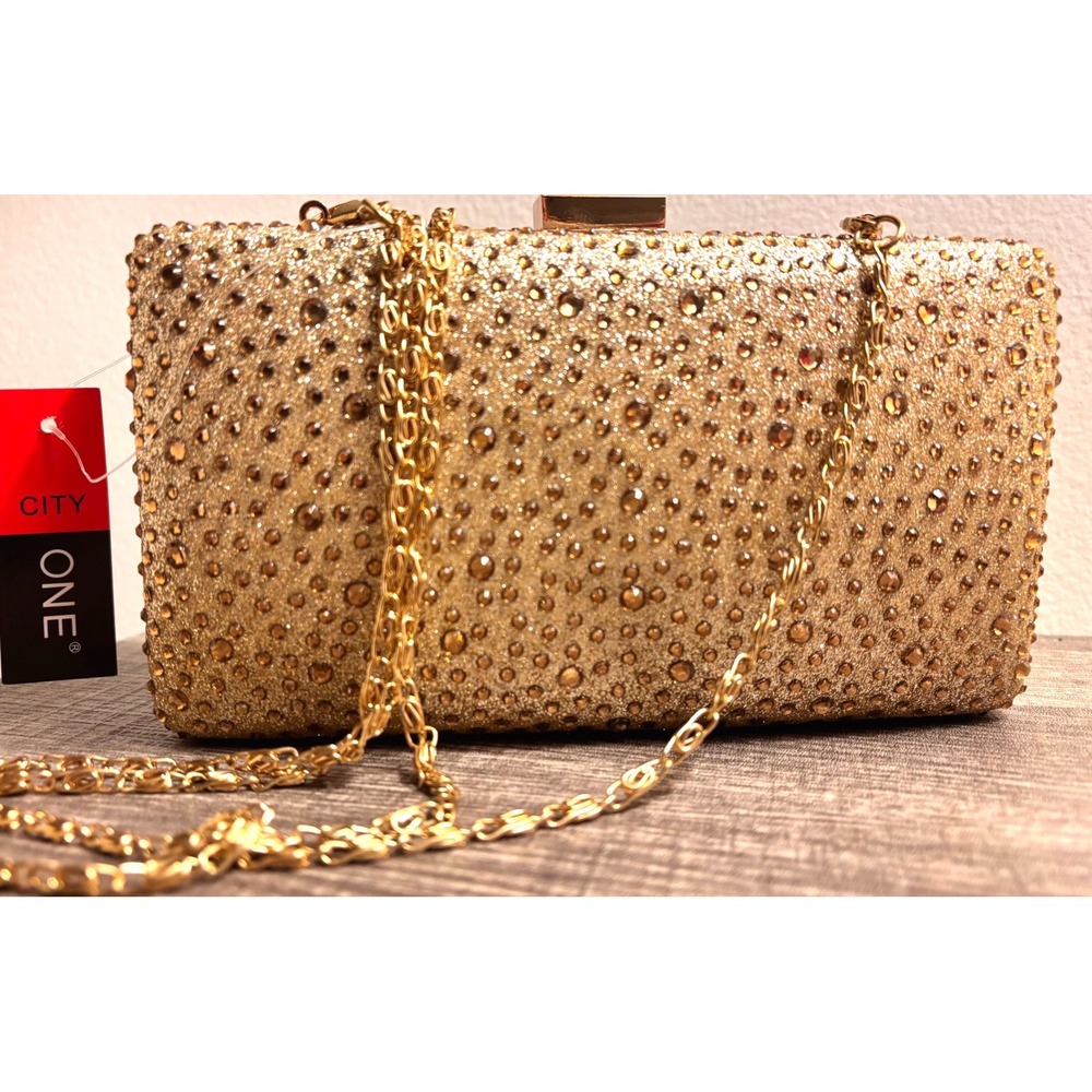 City One Gold Rhinestone Evening Clutch Bag Glitter Minaudiere with Chain Strap